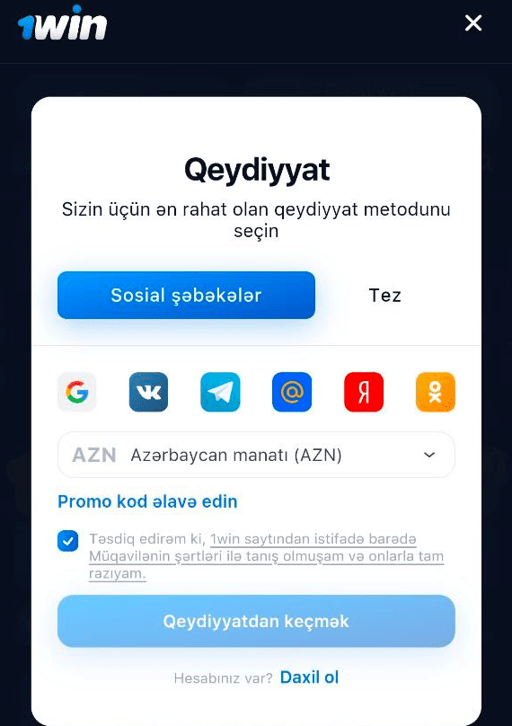 1Win AZ kazinosunda necə qeydiyyatdan keçmək olar - təlimatlar