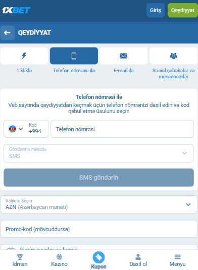 1xBet AZ-də qeydiyyat