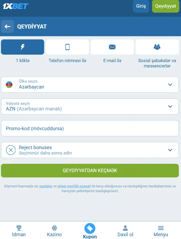 1xBet Kazino AZ Qeydiyyatı, Depozit və İlk Addımlar