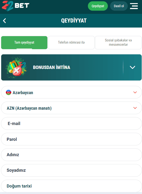 22Bet Kazino AZ Qeydiyyatı