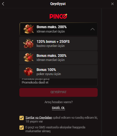 PINCO Azərbaycan bonus